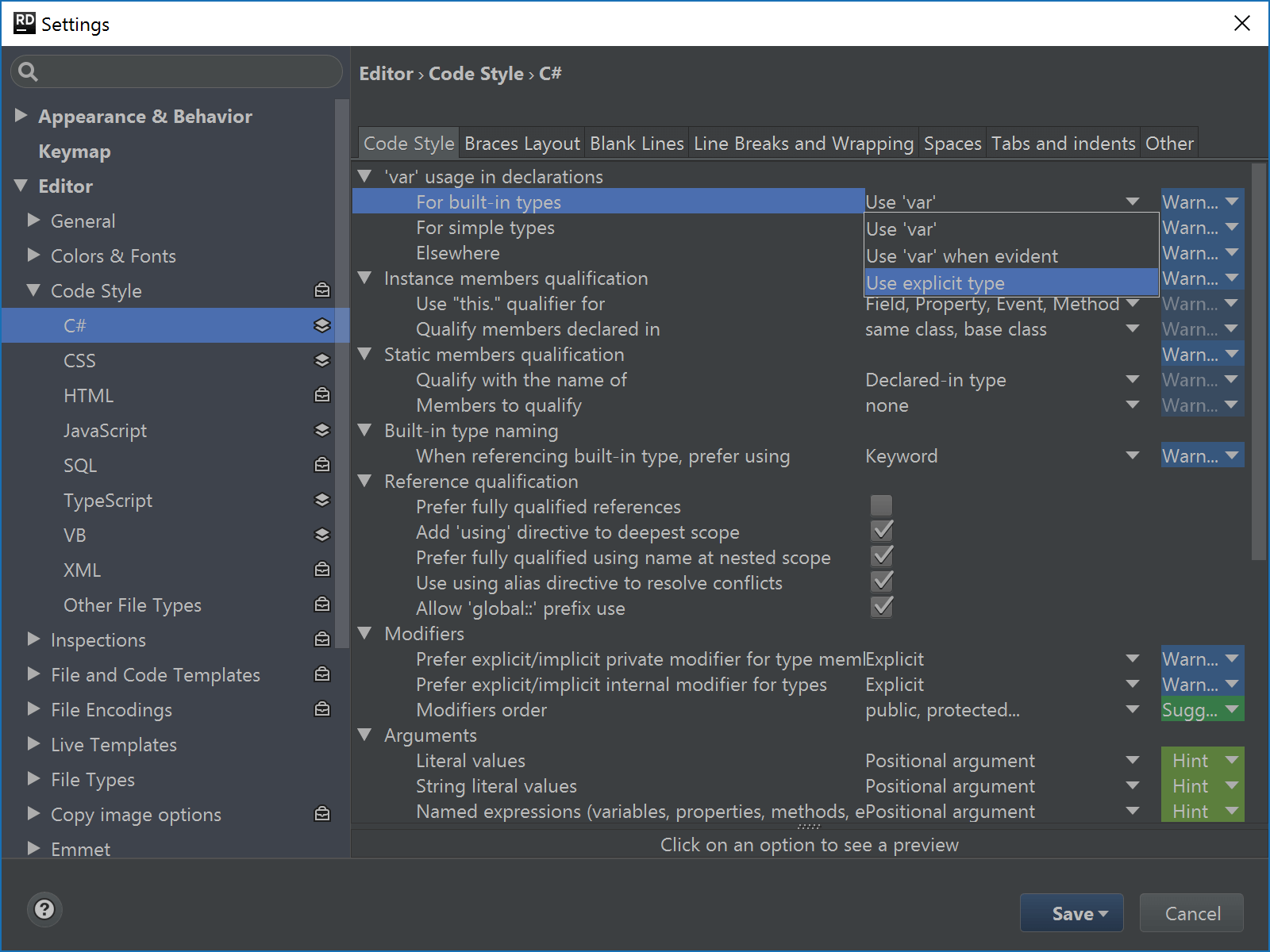 Rider code style settings