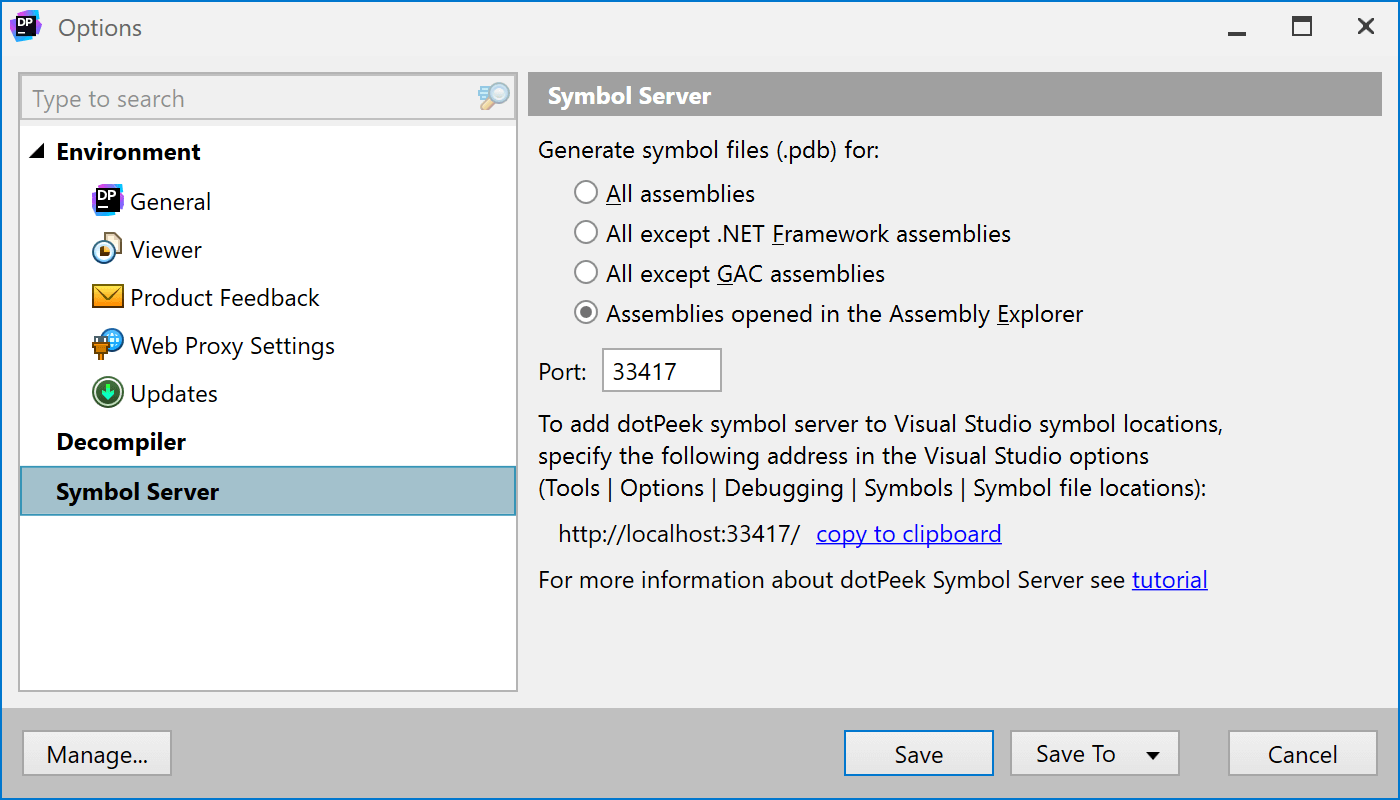 dotPeek symbol server options