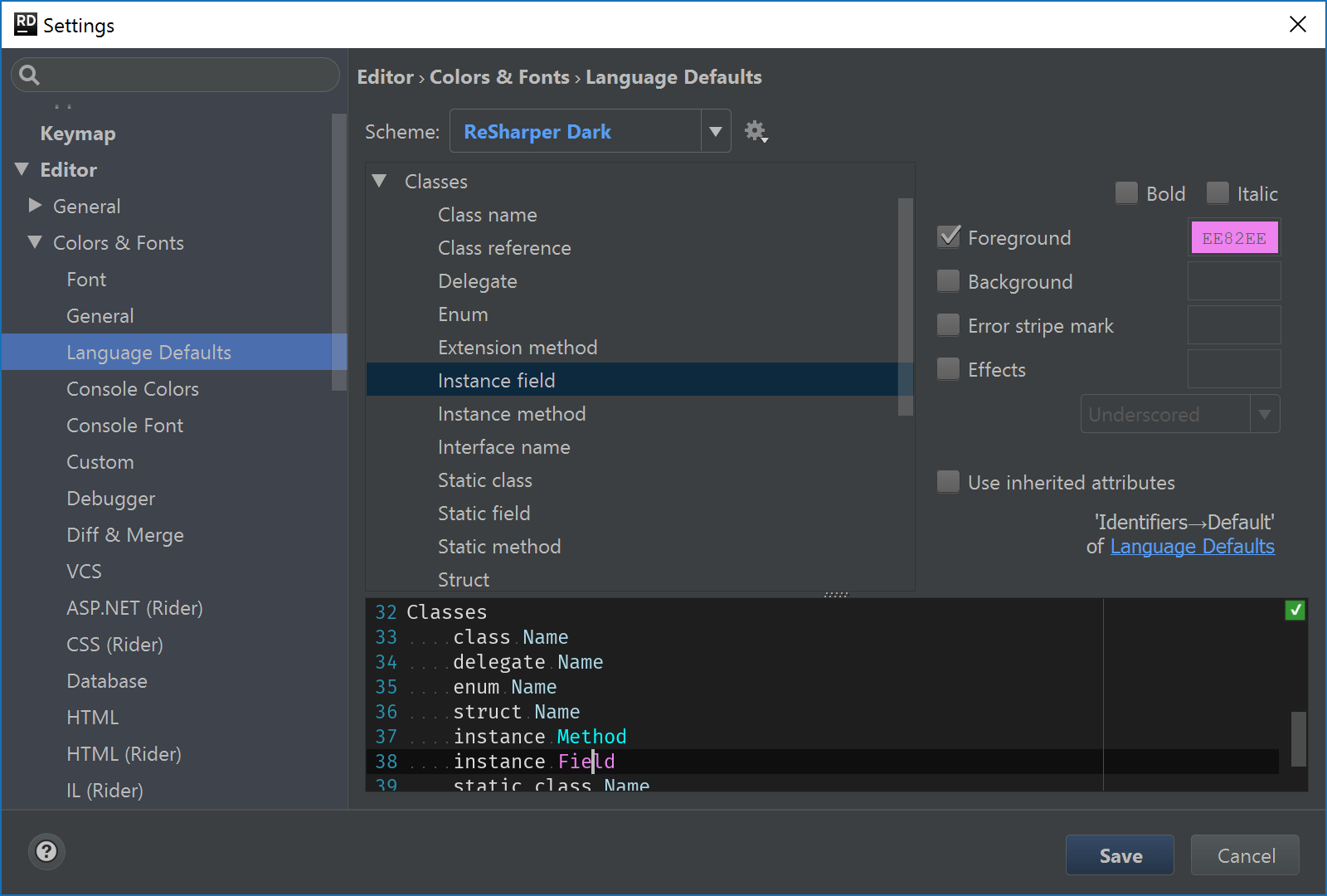 Edit code highlighting options