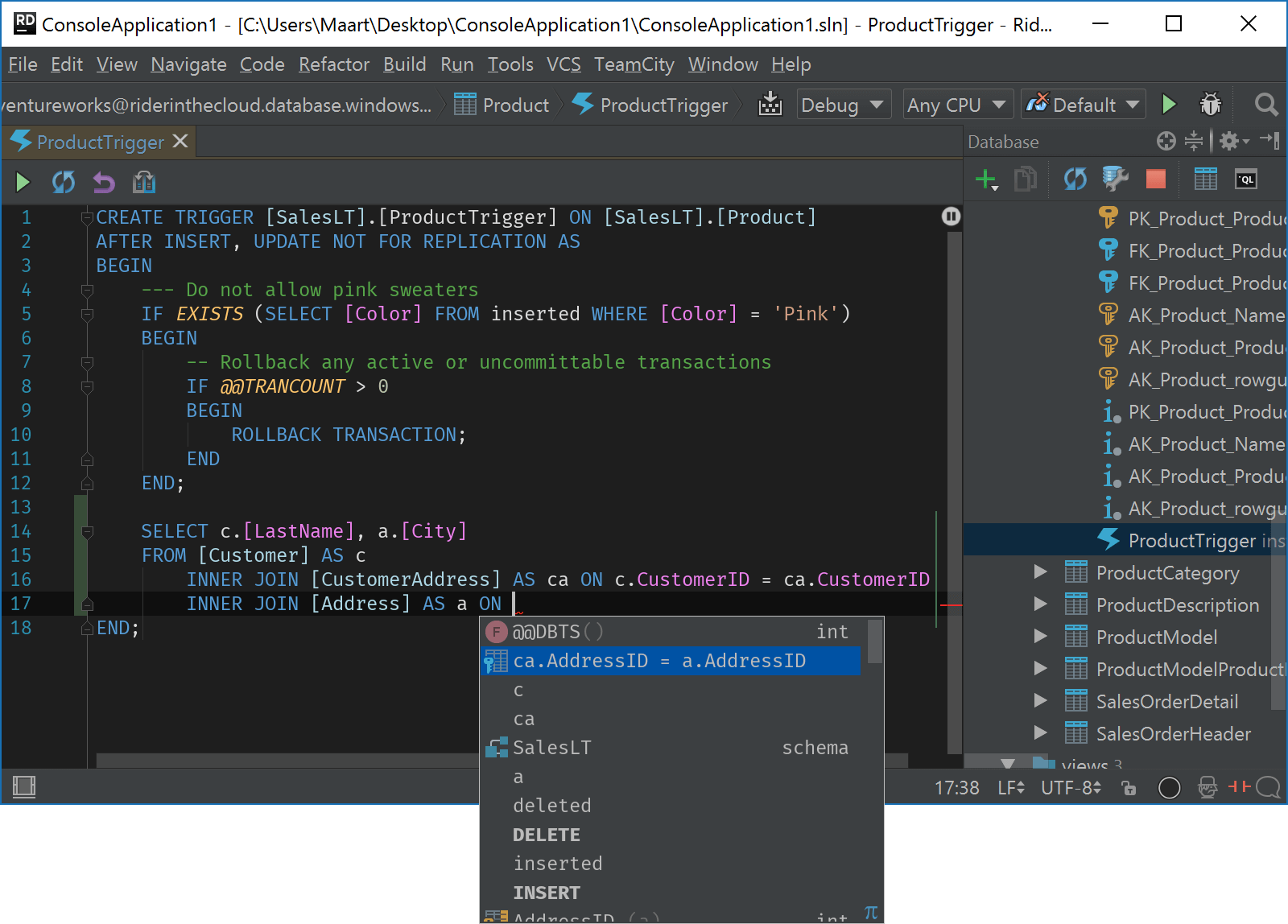 Edit database trigger in Rider