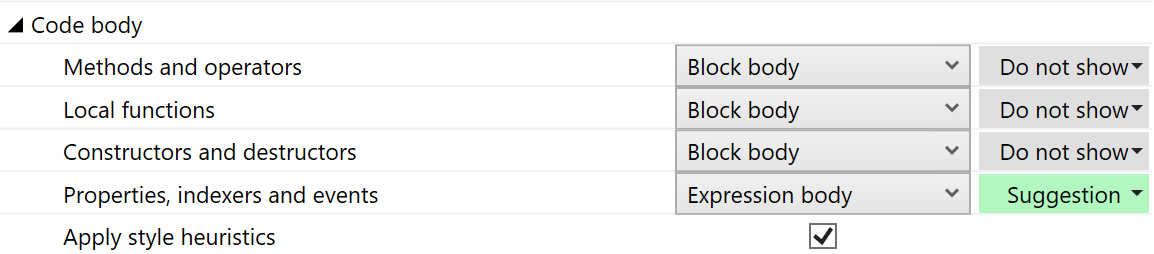 Expression body code style settings