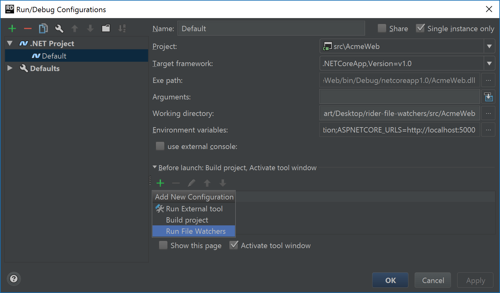 Invoke file watcher when application is run