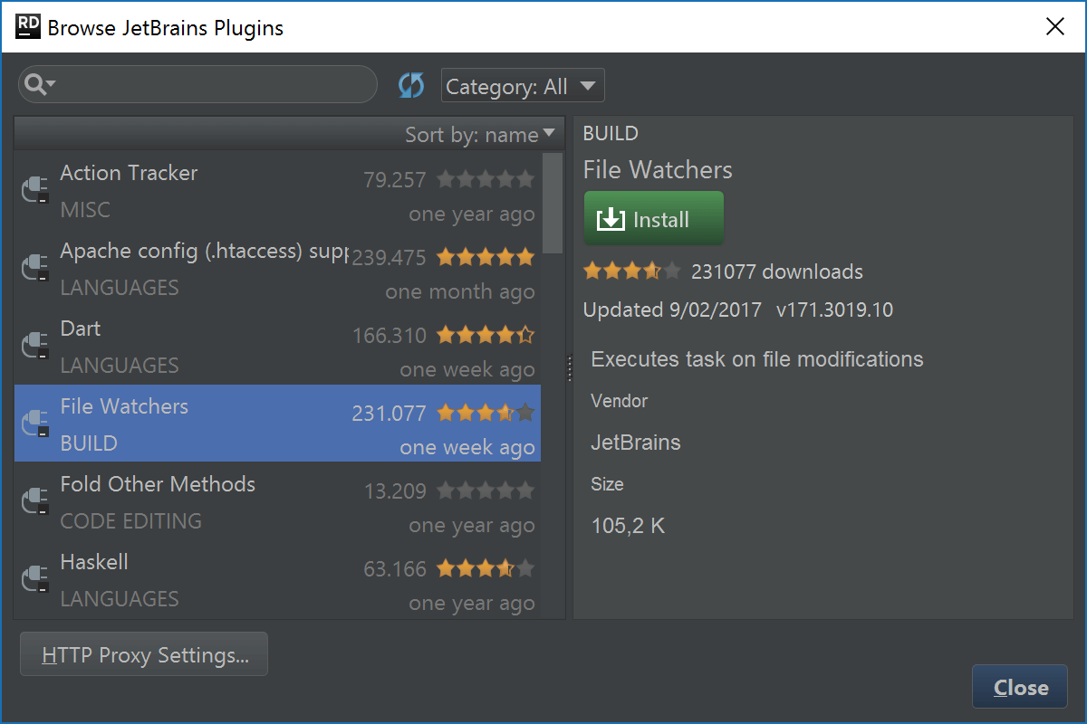 Install File Watchers plugin in Rider