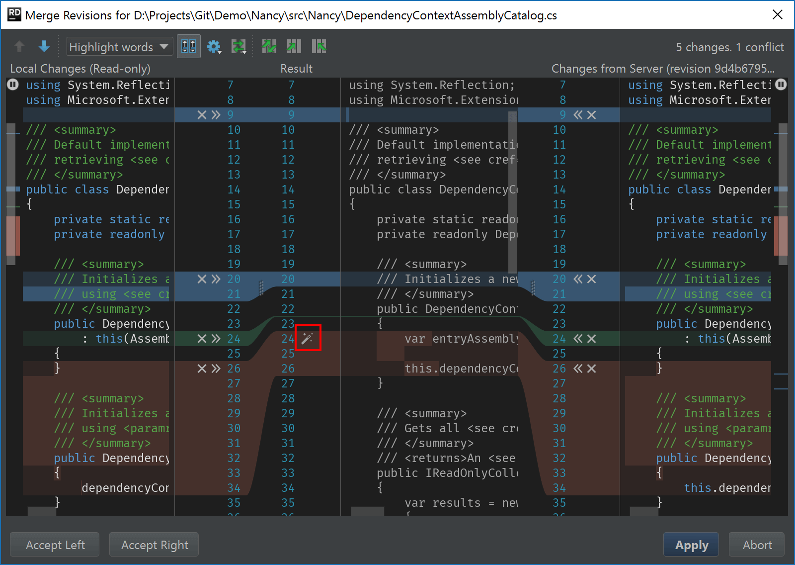 Rider git/mercurial/hg merge conflict resolution