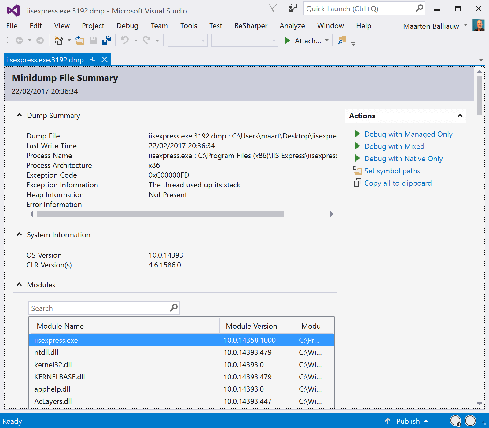 Open minidump in Visual Studio