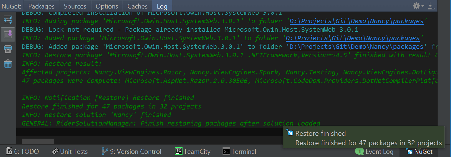 NuGet package restore log in Rider