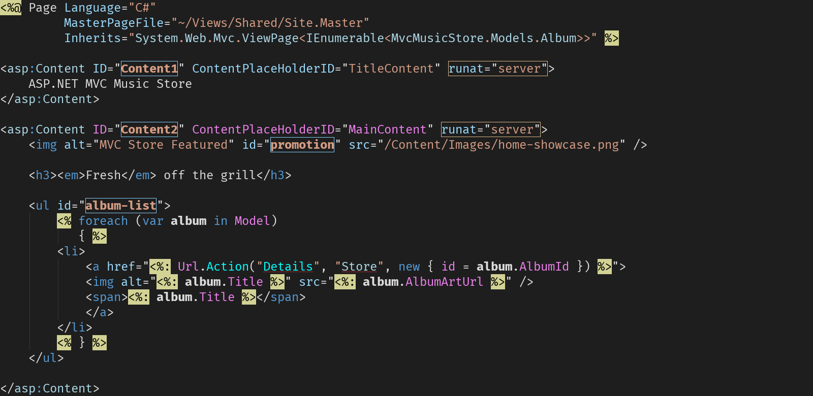 Syntax highlighting for ASPX and Razor