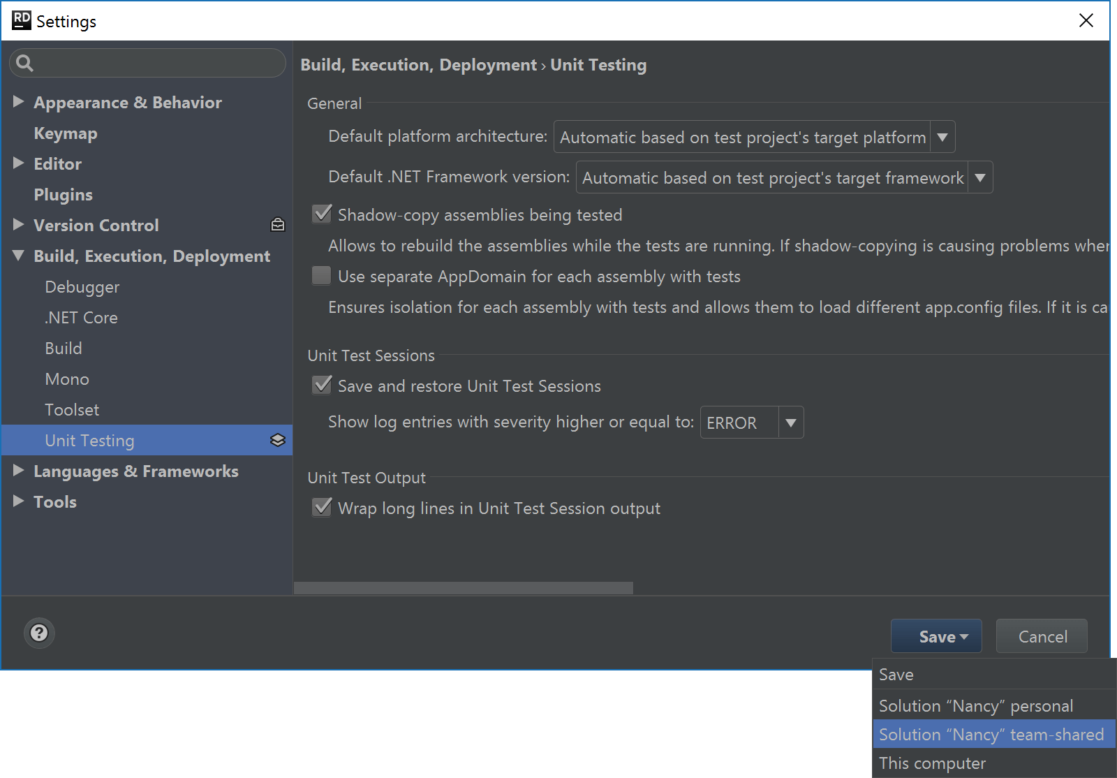 Unit testing settings