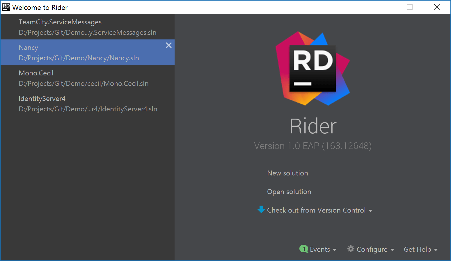 Rider welcome screen allows opening solution or import from version control
