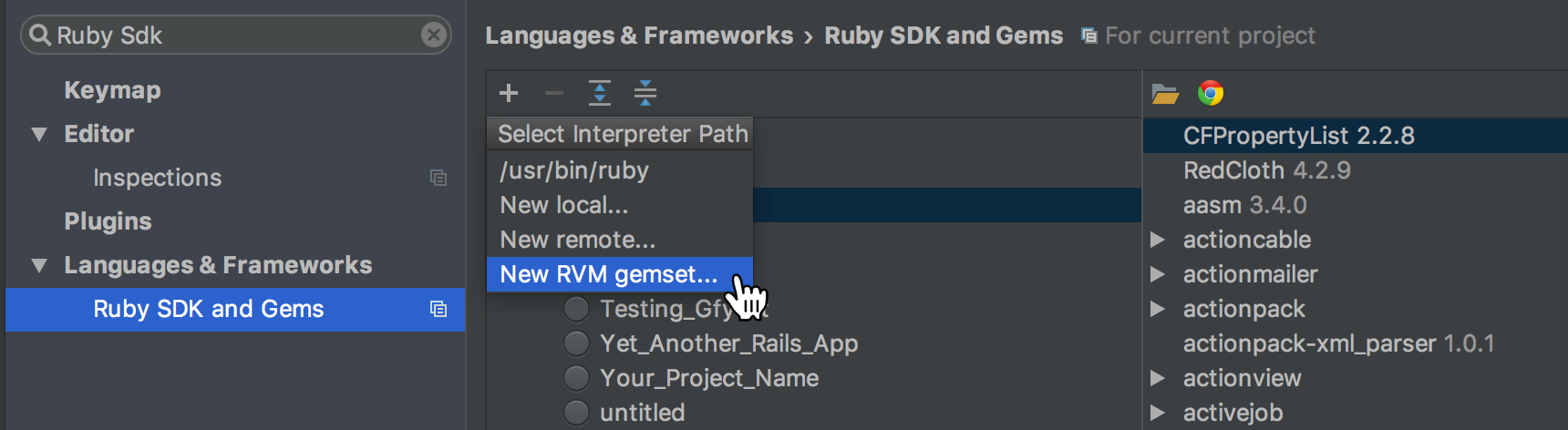 rubymine rvm gemset preferences