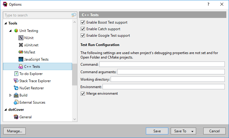 Unit testing options page for C++ tests