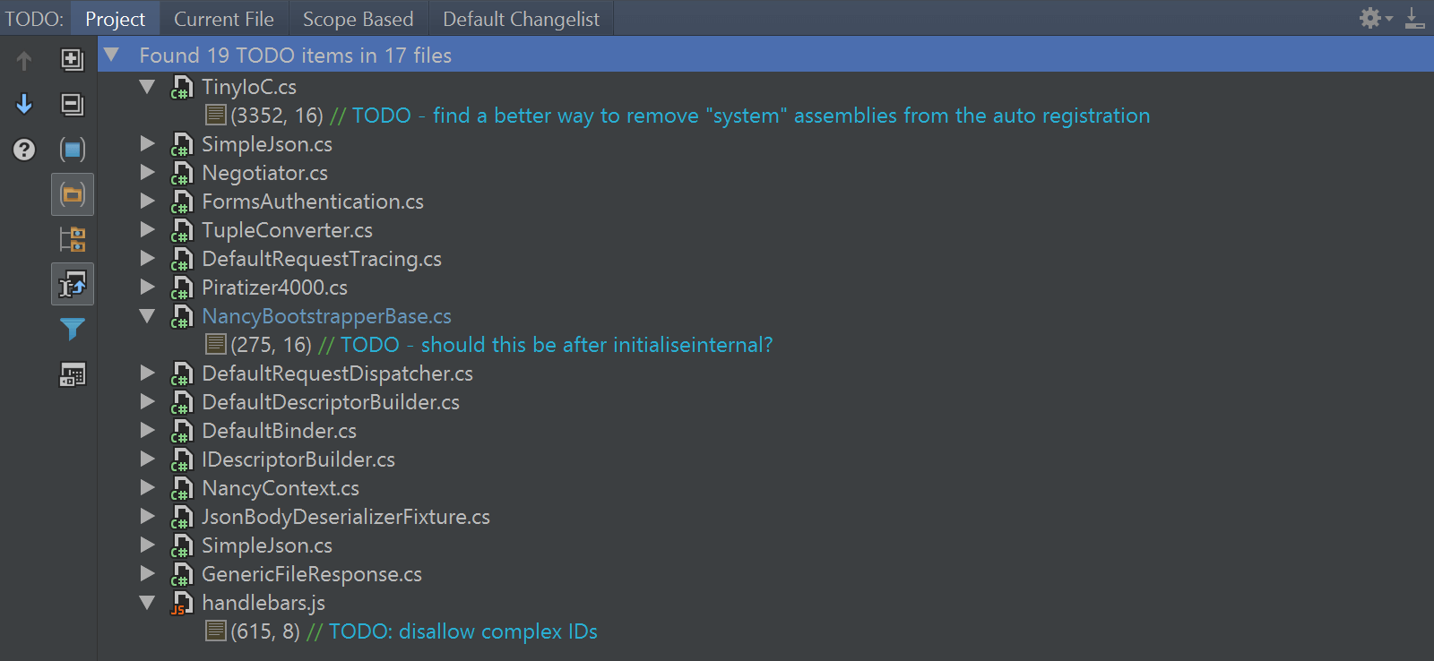 Rider overview of TODO comments in code