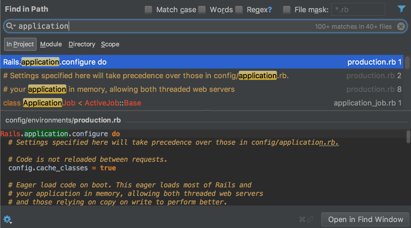 RubyMine find in path dialog
