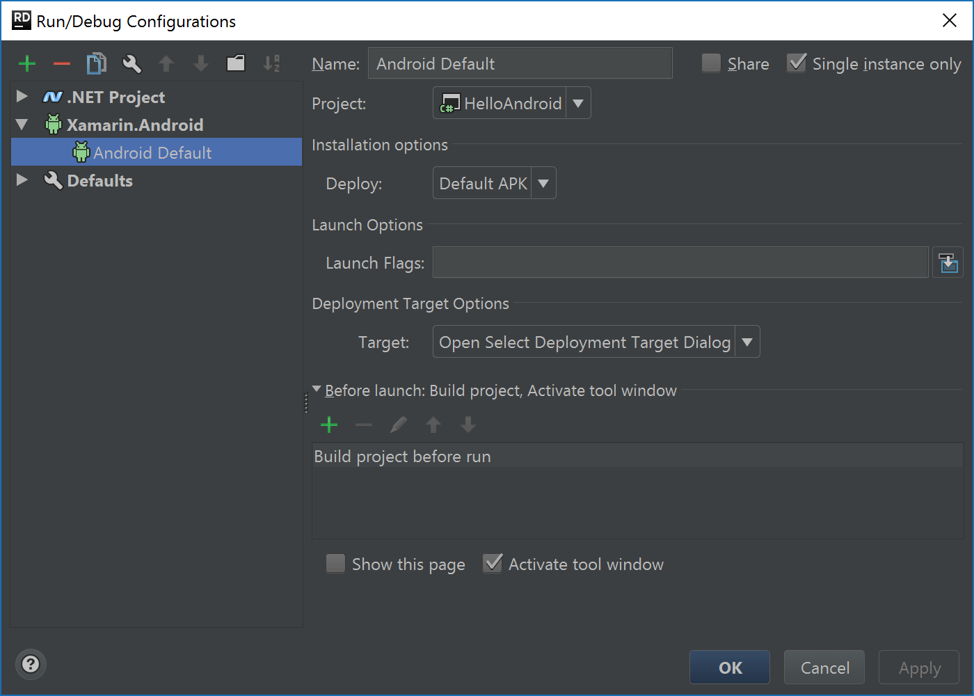 Edit Android Run/Debug configuration