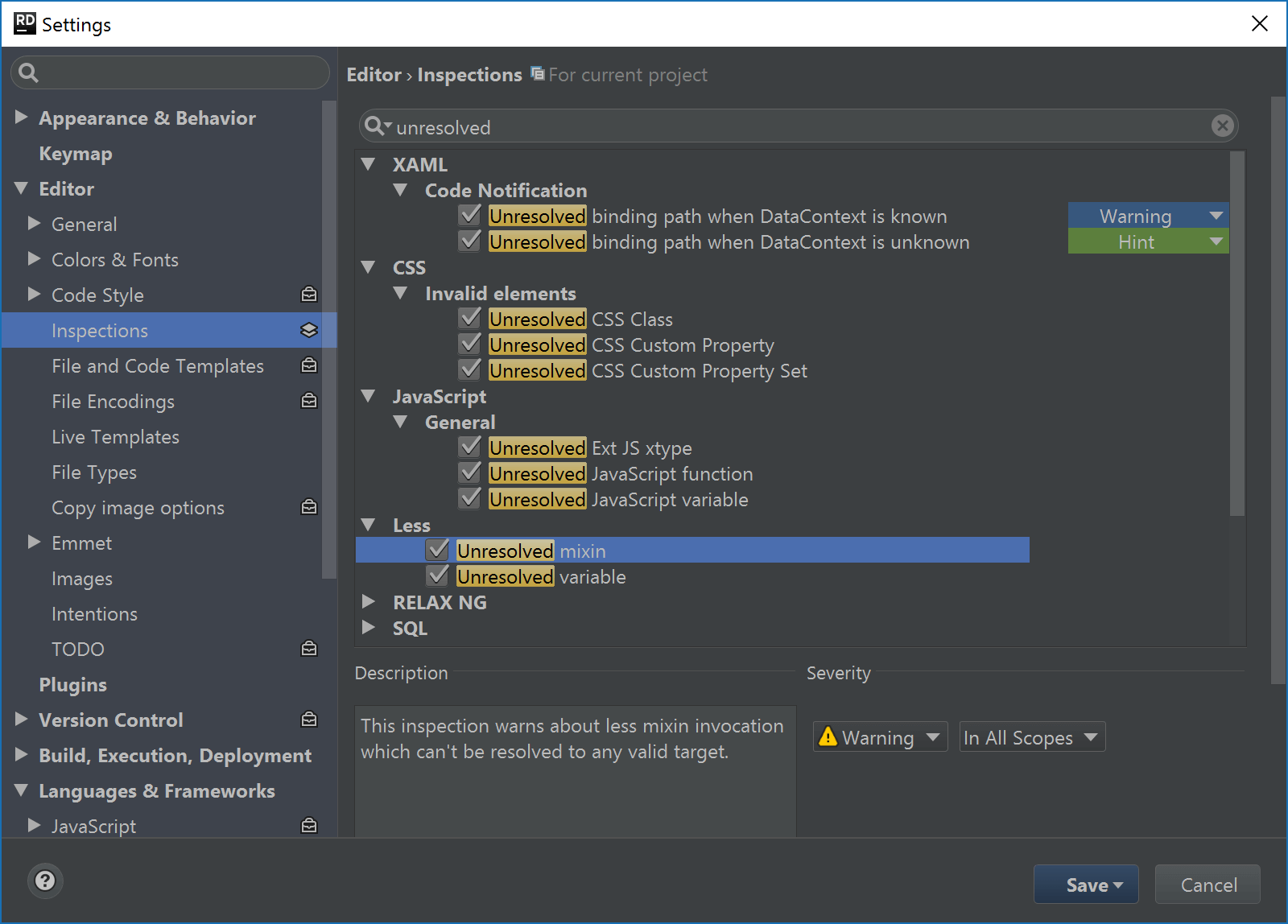 Mixed ReSharper and IntelliJ IDEA inspection settings in Rider