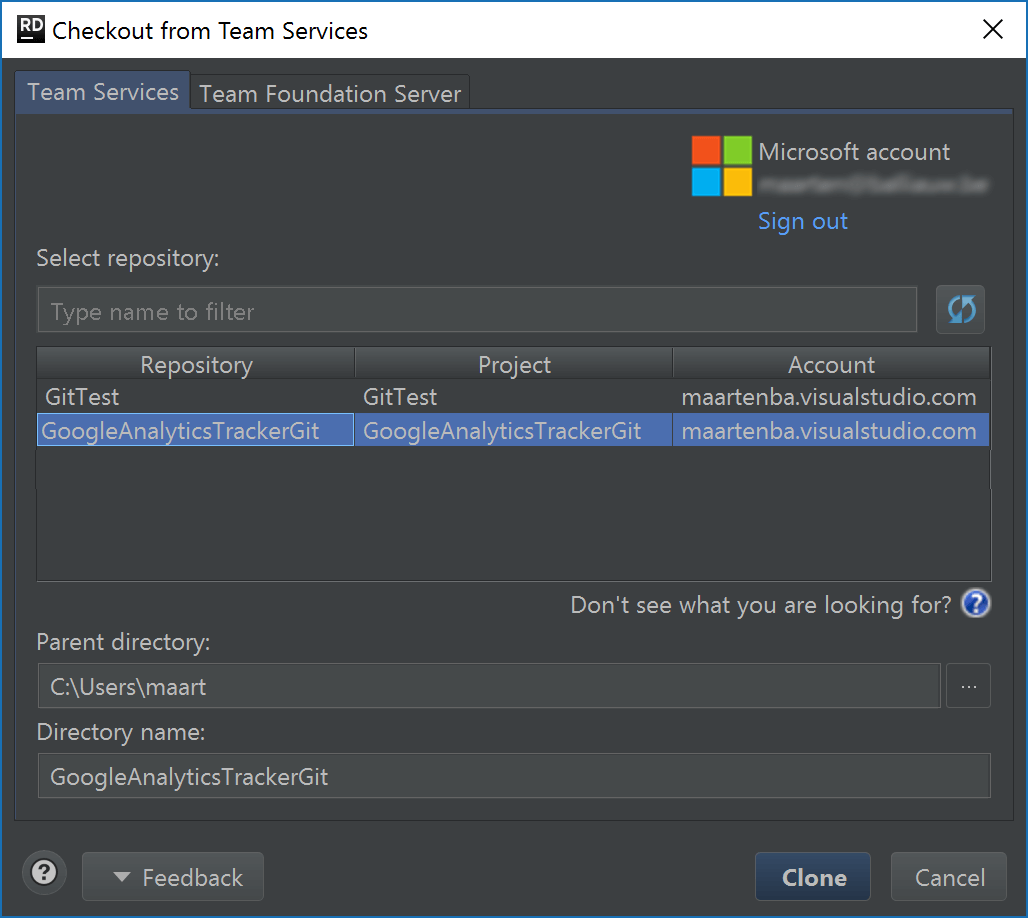 Working with Microsoft TFS and VSTS in Rider