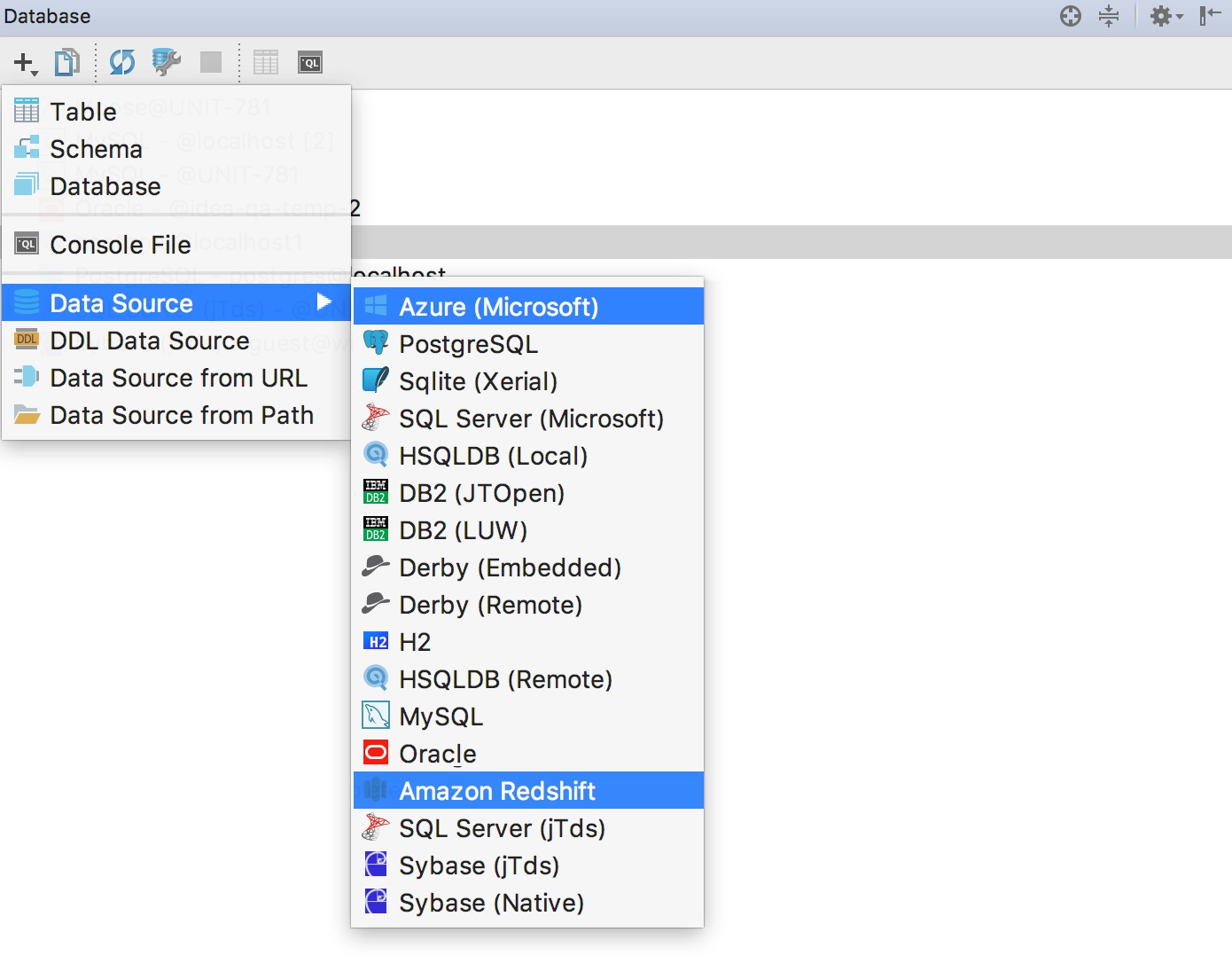 create new database datagrip