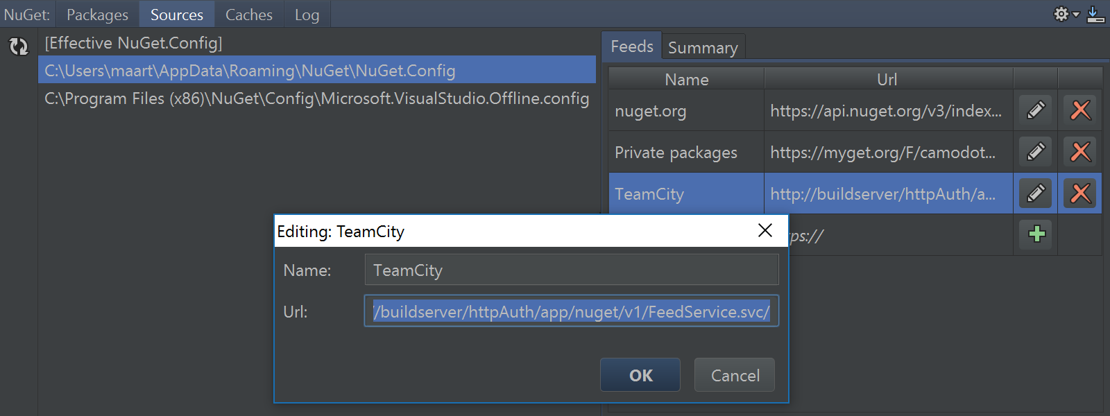 Edit NuGet package sources from the UI