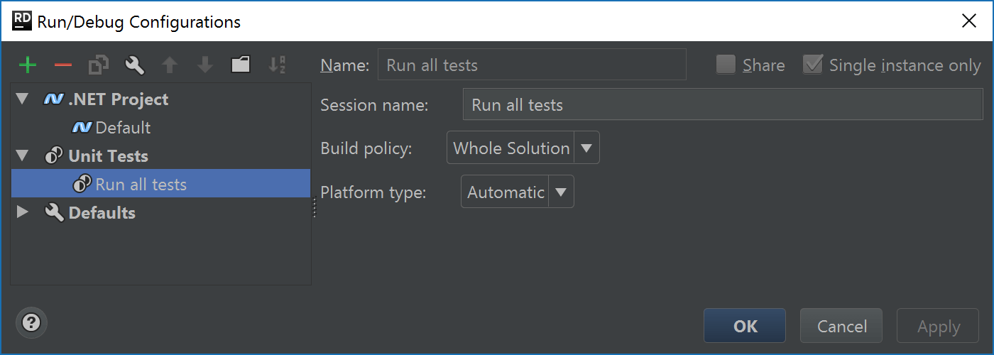 Run/debug configuration for tests