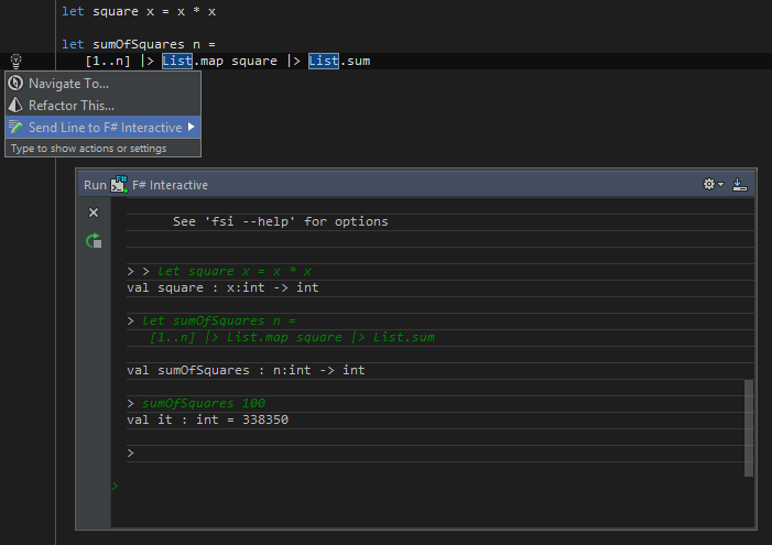 F# Interactive window and editor actions