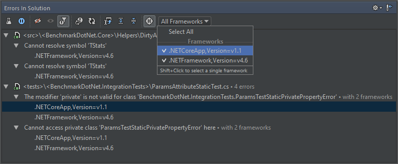 Target frameworks in the Errors in Solution view