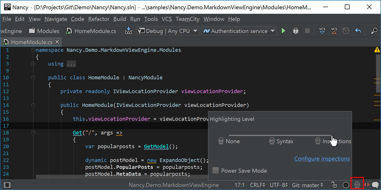 Select level of syntax highlighting/code analysis per file