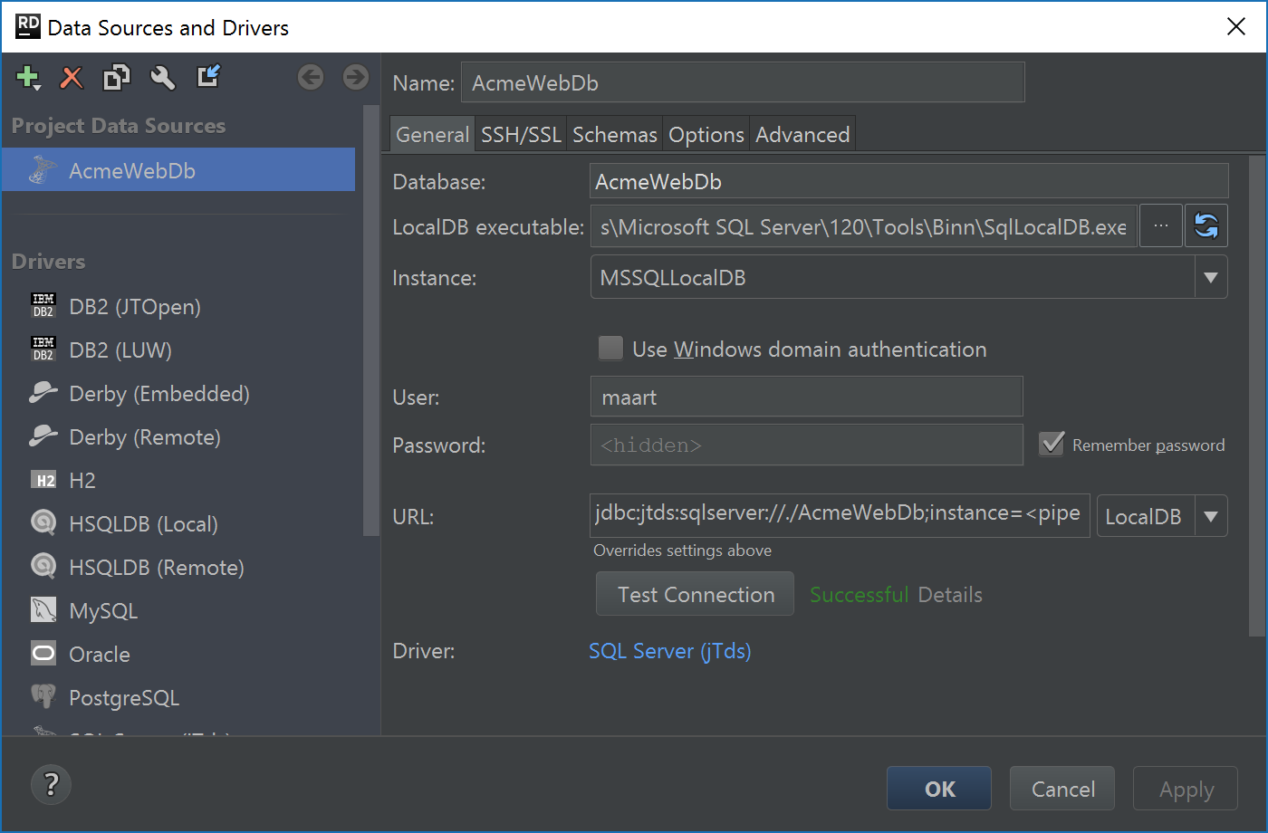 Create SQL Server LocalDB connection using jTDS