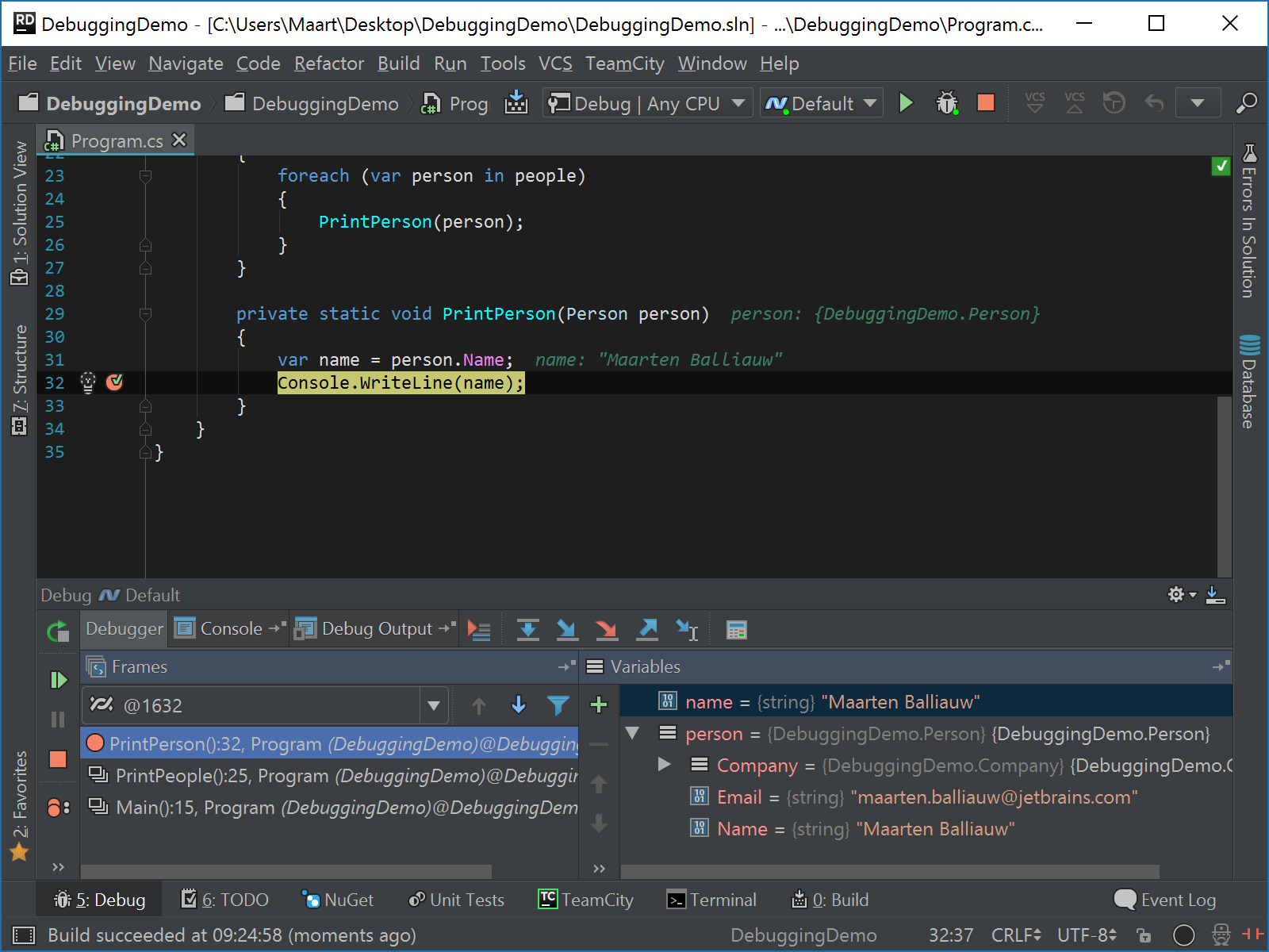 Overview of the debugger tool window after hitting a breakpoint