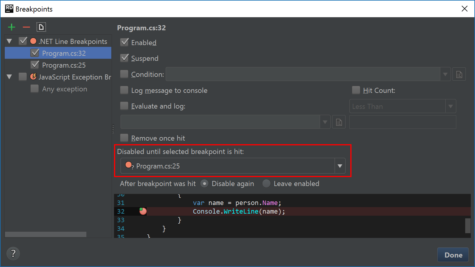 Creating a dependent breakpoint that only triggers when another breakpoint is hit