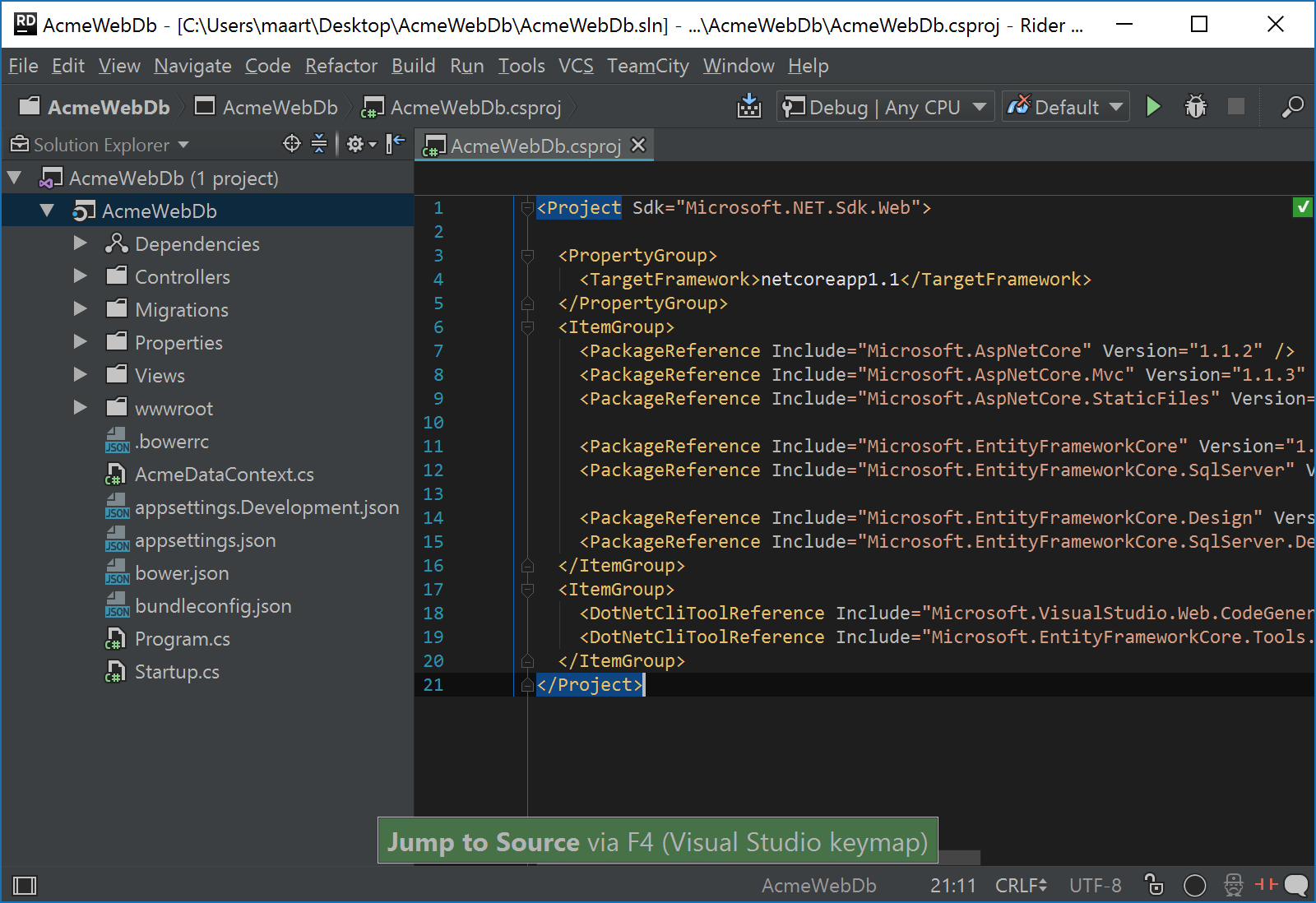 Edit .csproj file using Jump to Source