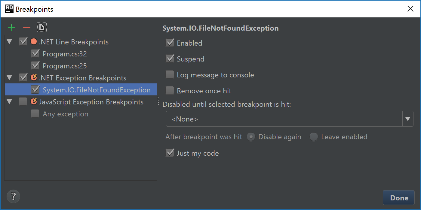 Configuration for exception breakpoint
