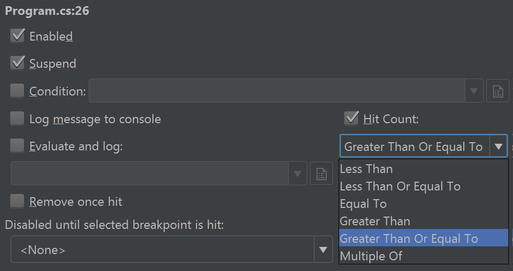 Breakpoint hit count filter