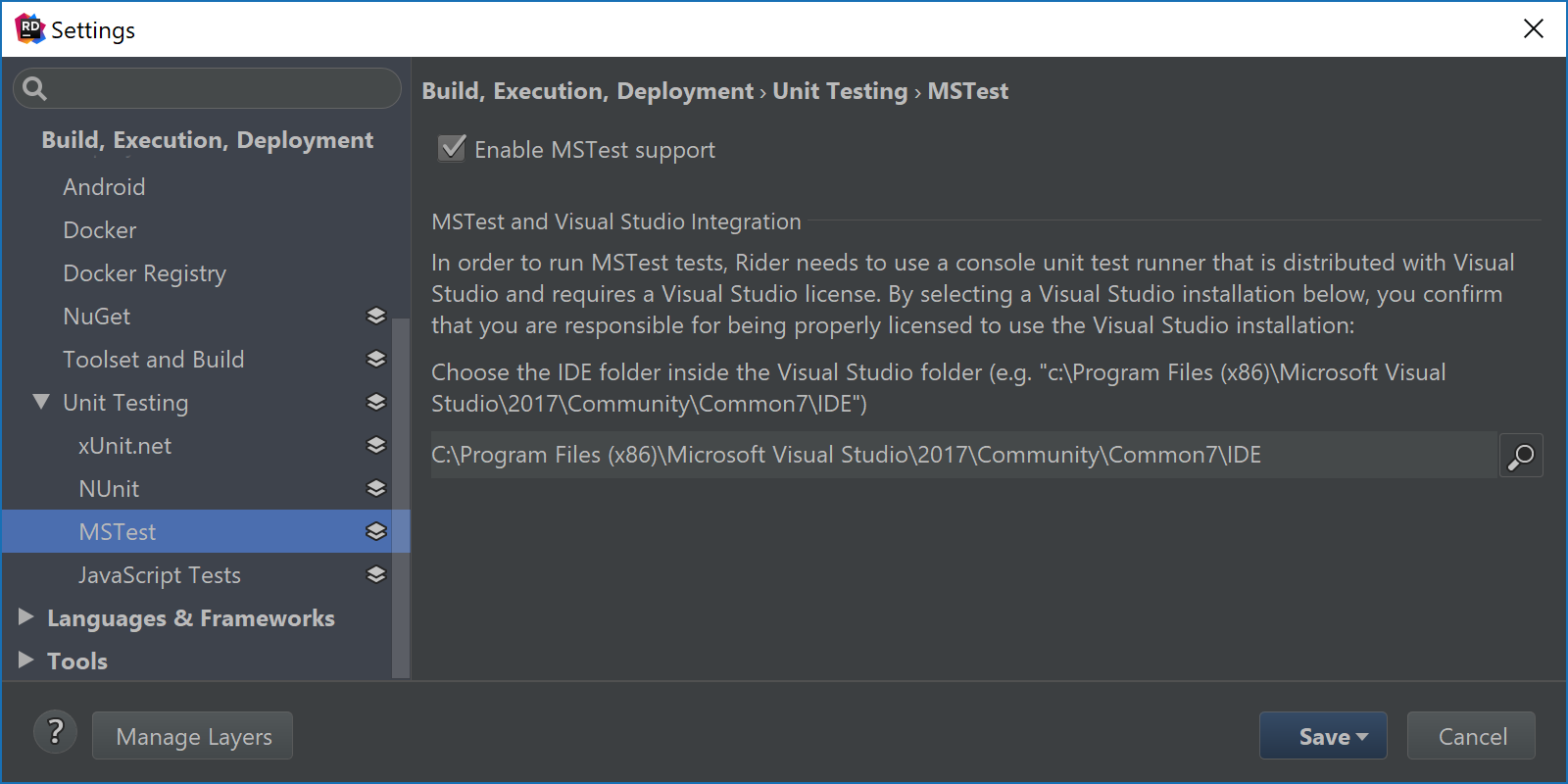 Configure path to Visual Studio to enable MSTest V1 support