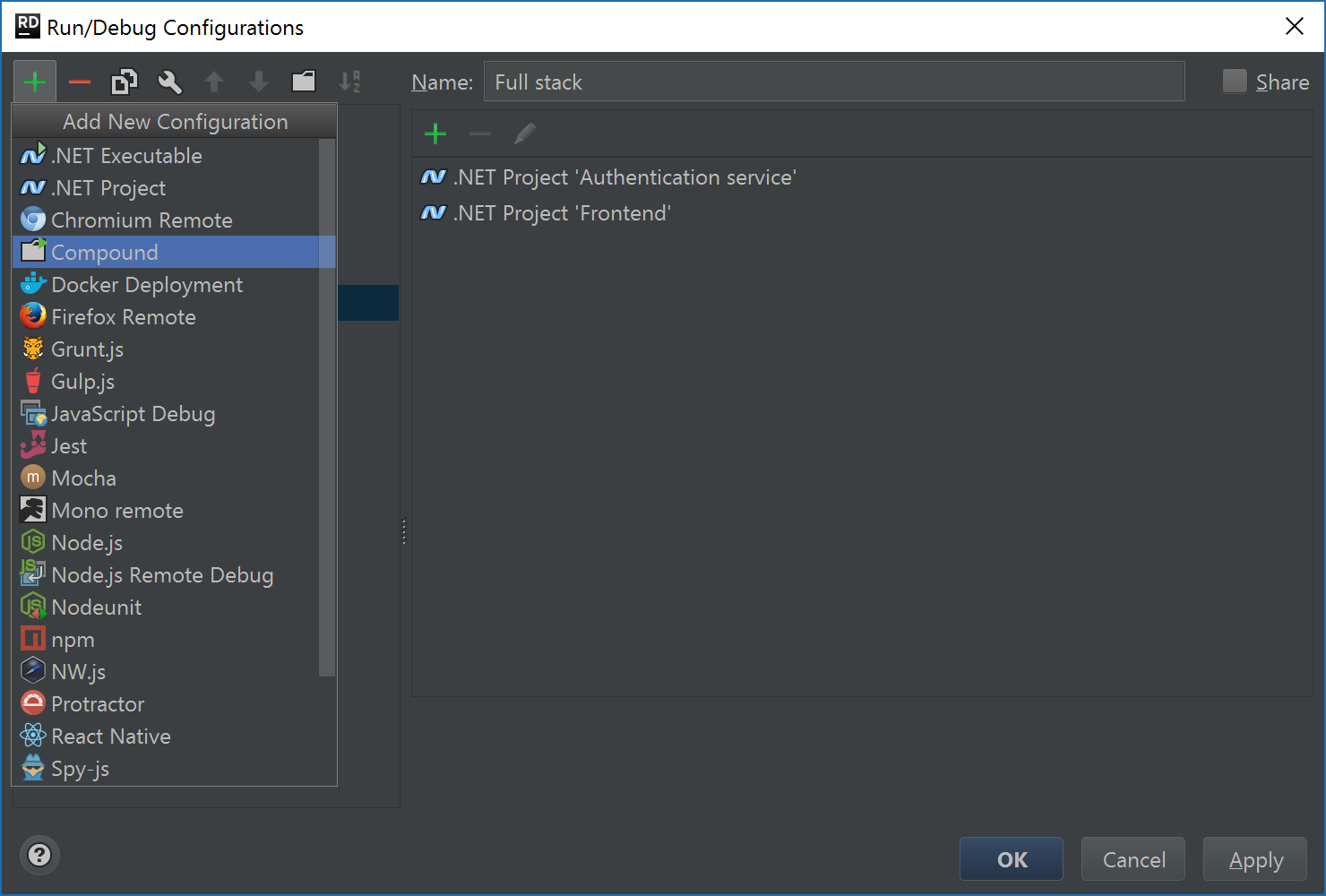 Creating a new run/debug configuration