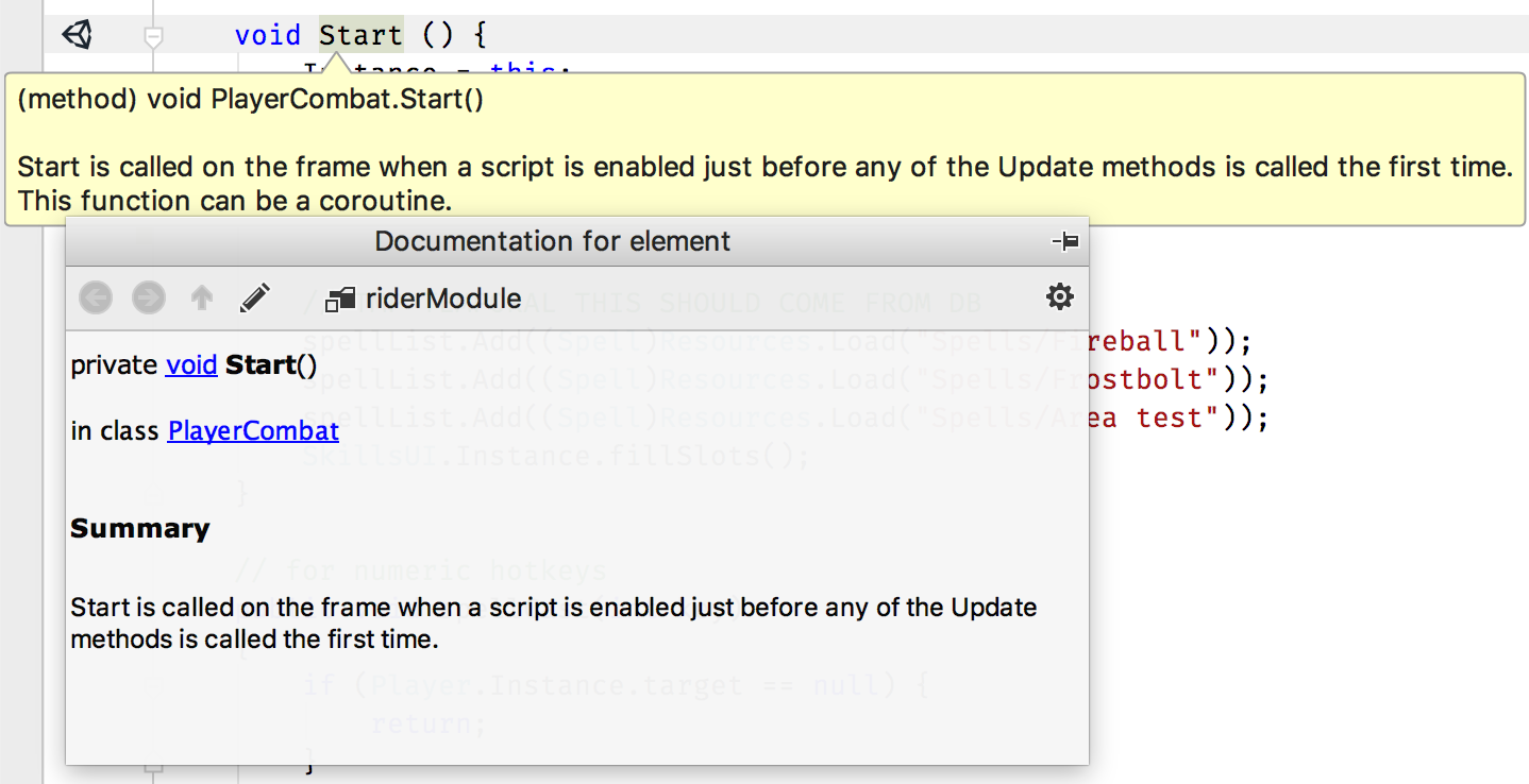 Unity documentation shown in tooltips and Quick Doc popup