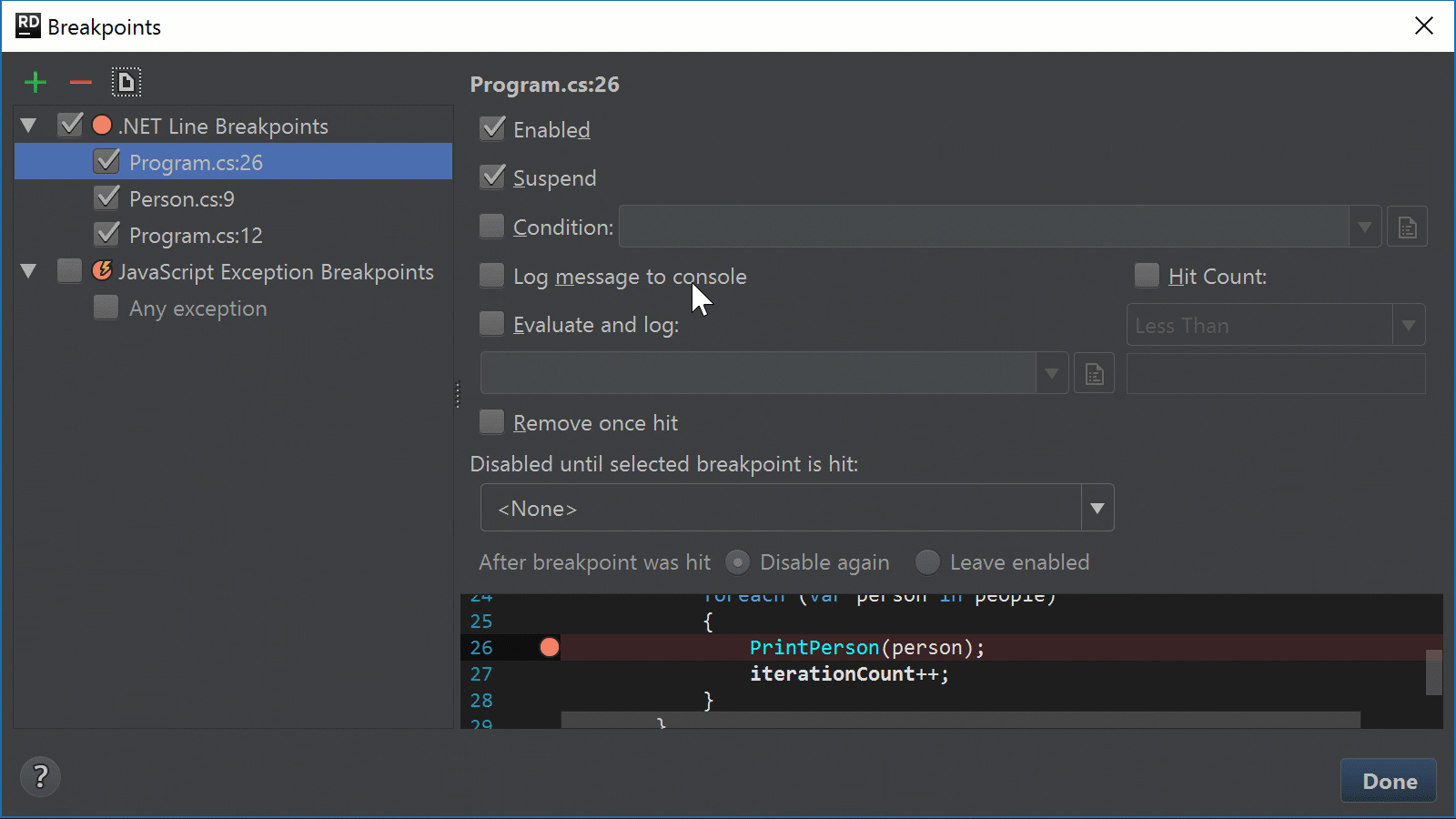 Set conditional breakpoint in the editor