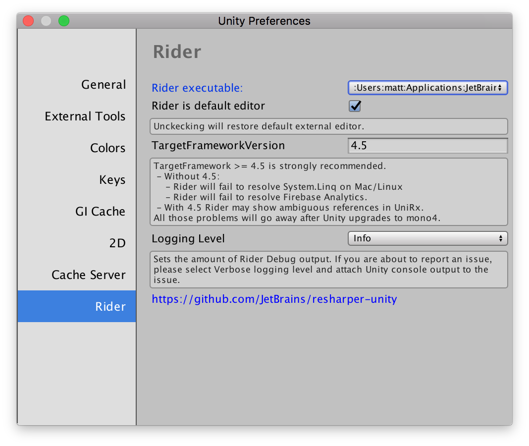 Rider preferences page in Unity