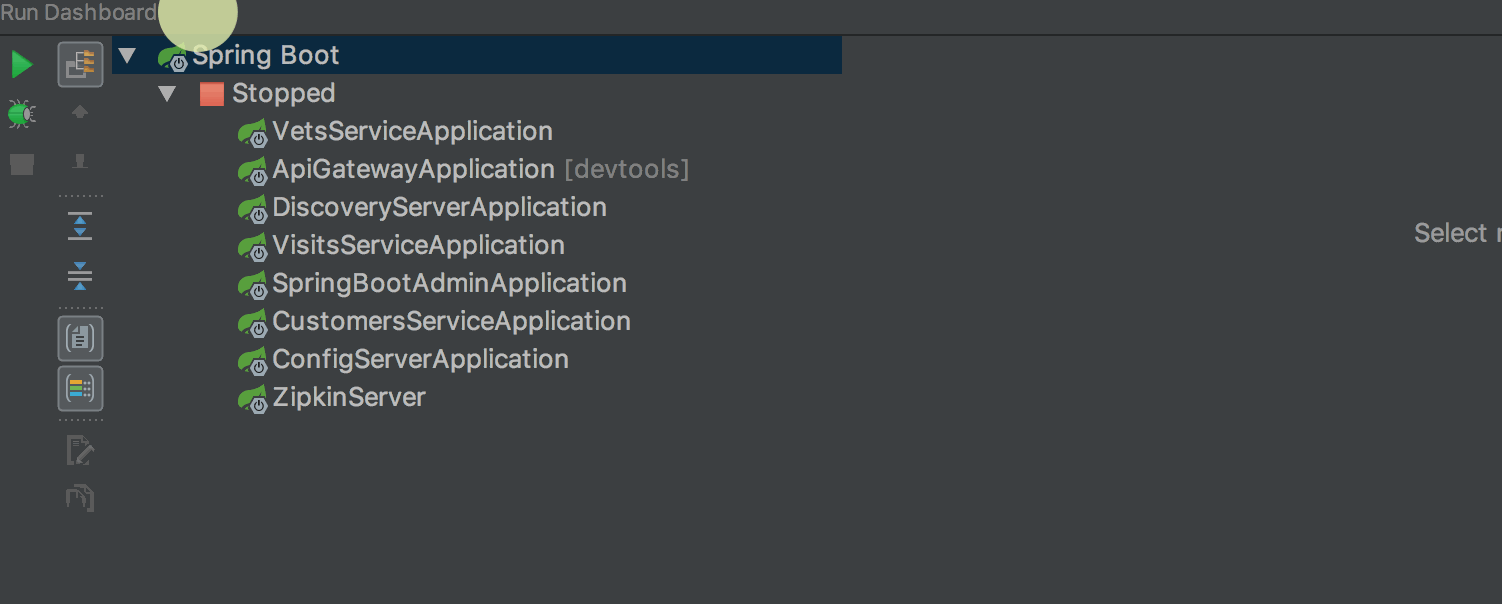 Spring Run Dashboard – IntelliJ IDEA 