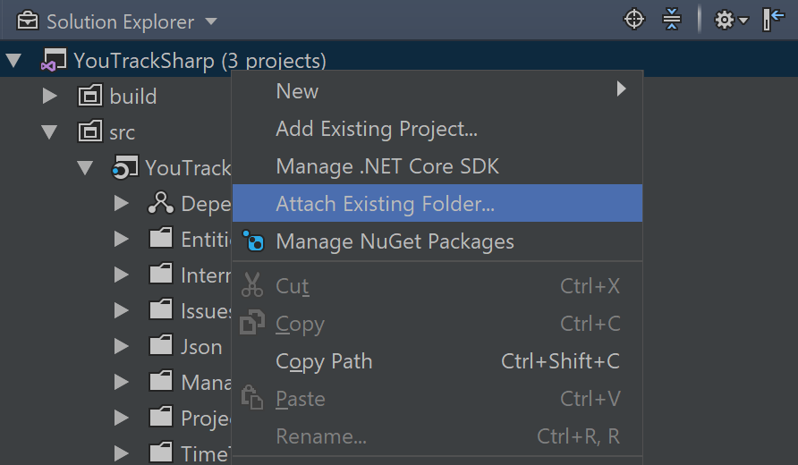 Attach existing folder to solution explorer