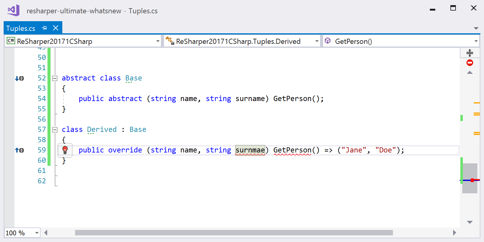 Detect typo in tuple component name using ReSharper quick-fix