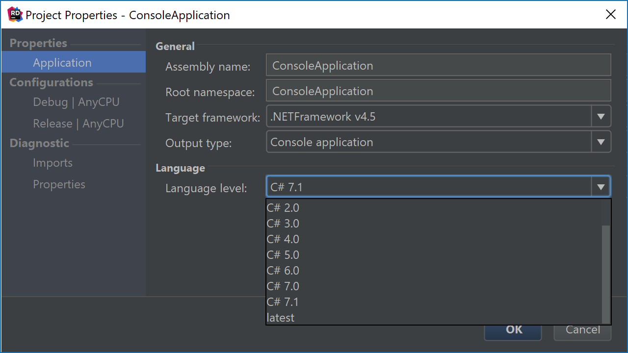 Edit project C# language level