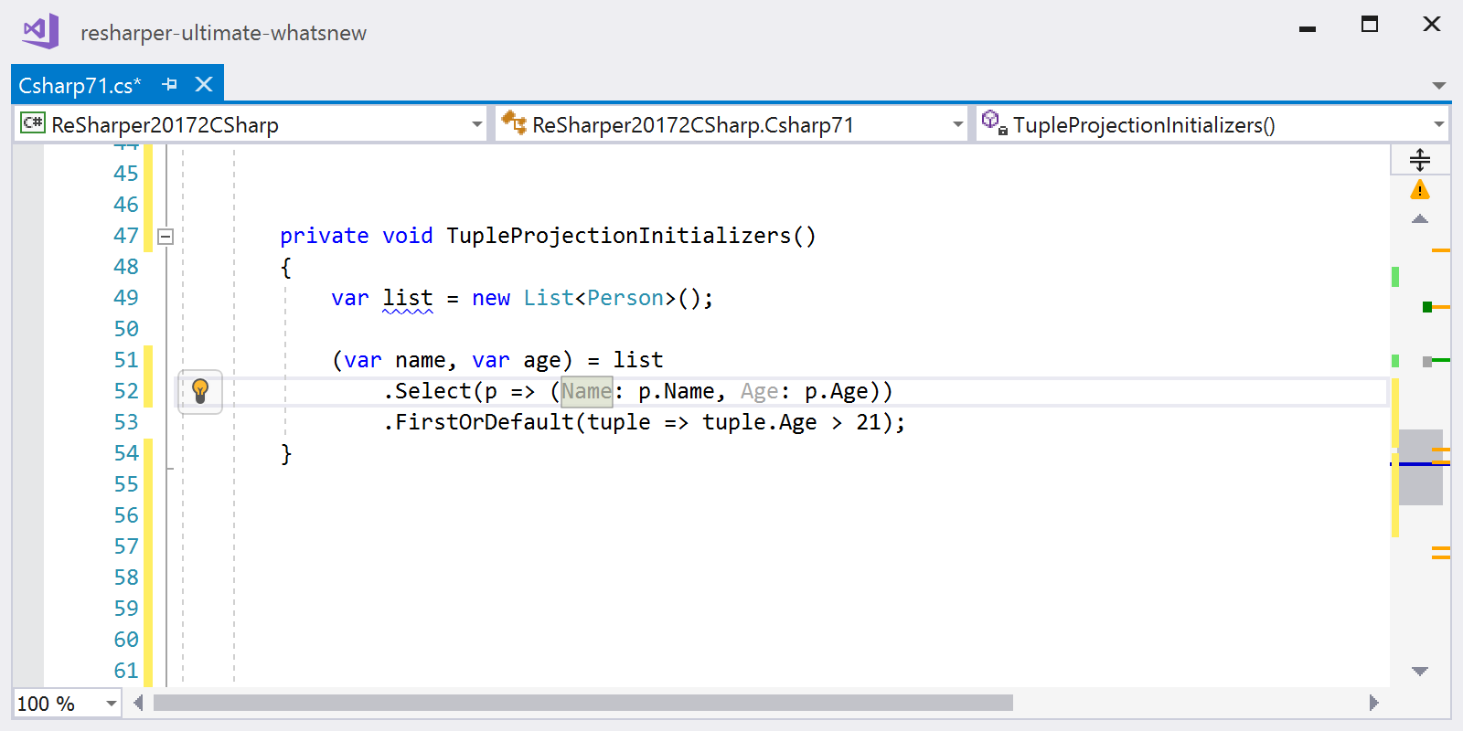 Tuple projection initializers in ReSharper