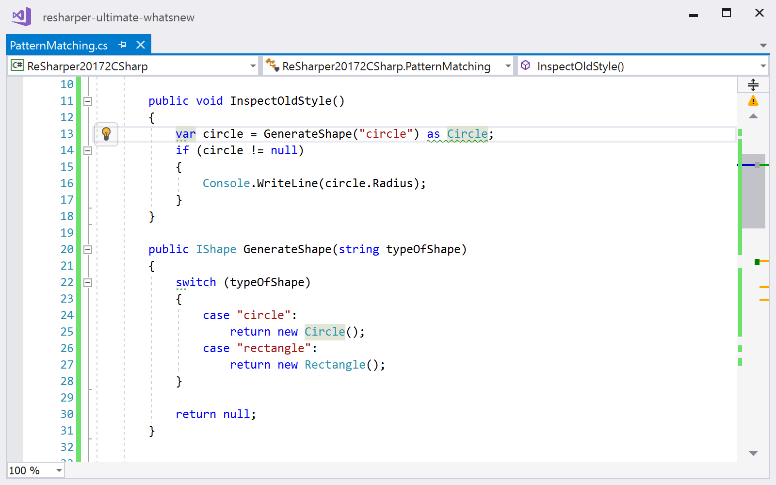 ReSharper detects when to use pattern matching