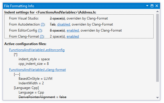 File formatting info window