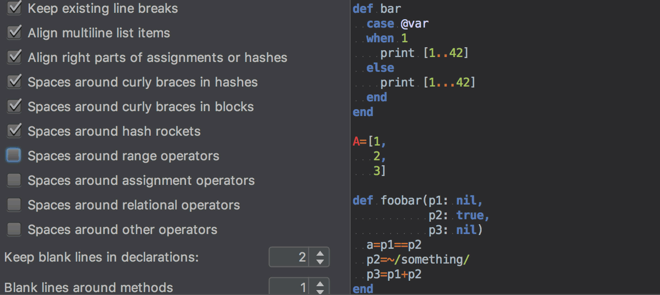 add spacing around operators ruby rubymine