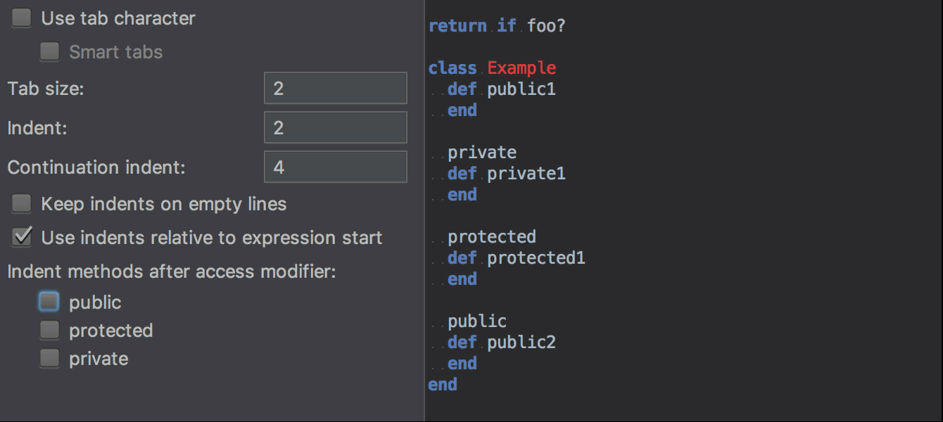 indent private protected methods rubymine ruby on rails