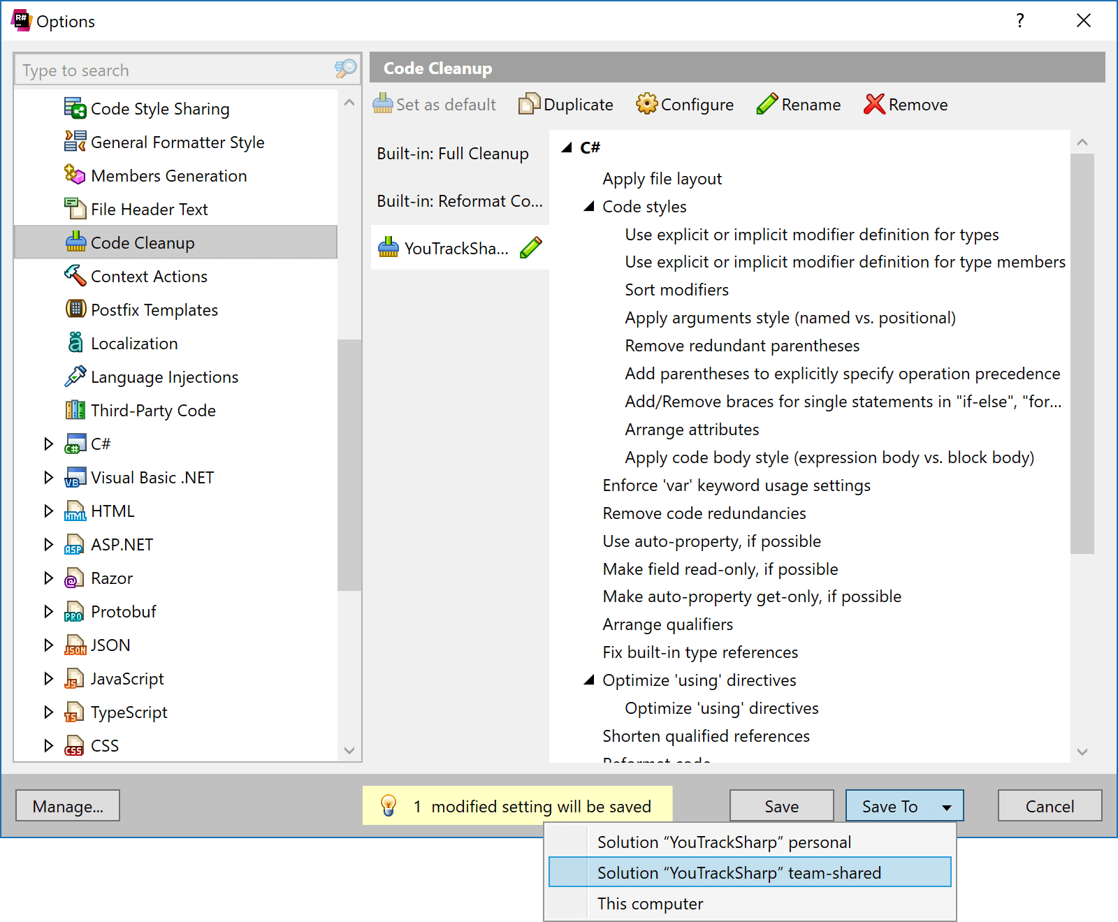 Custom code cleanup profile in ReSharper