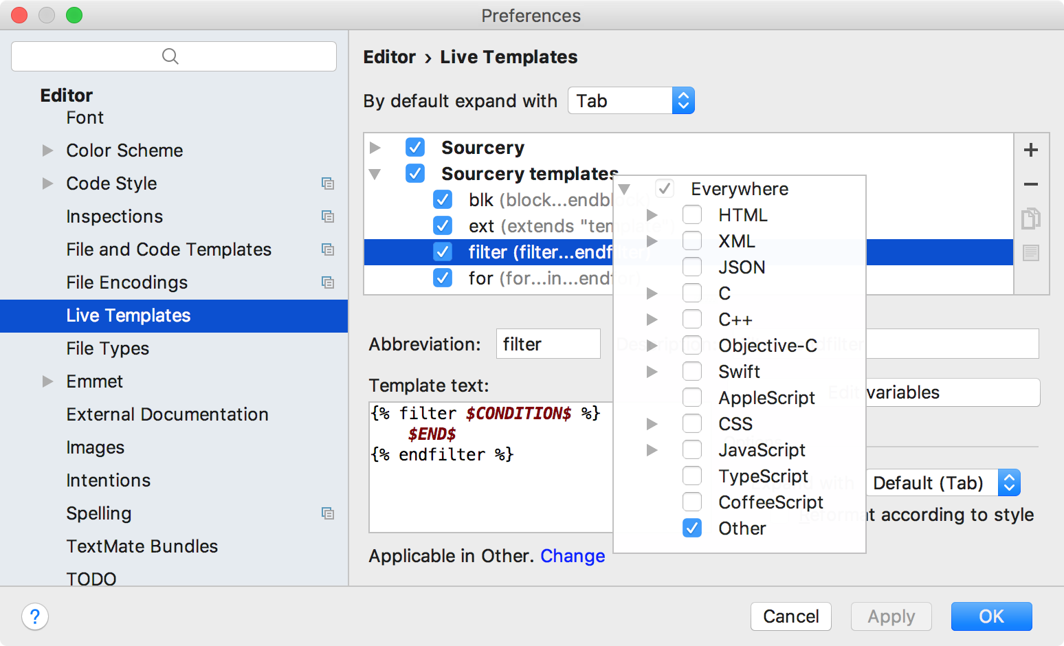 Live Templates Settings