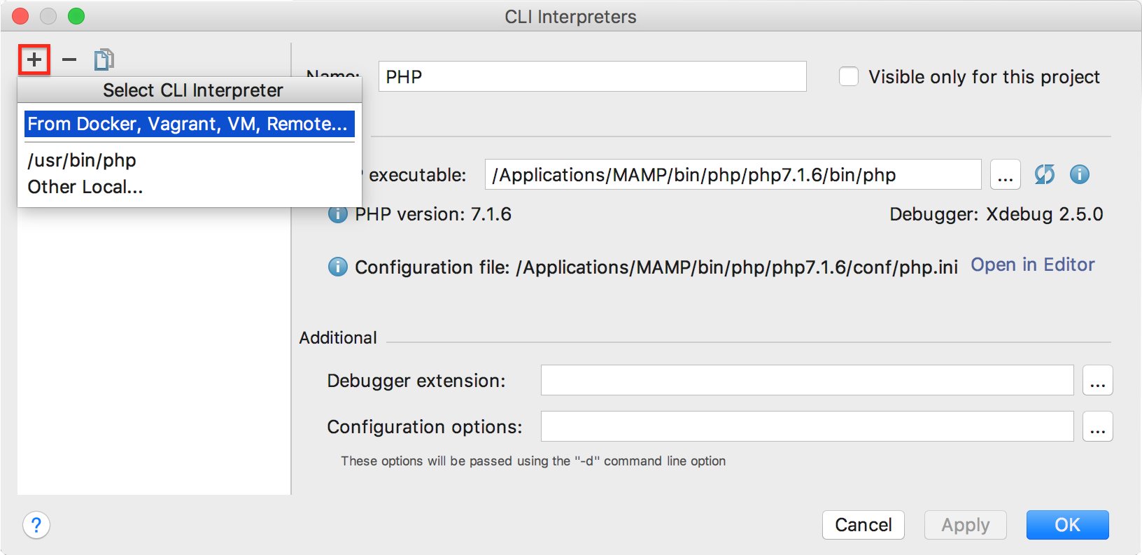 phpstorm cli interpreter php version not installed