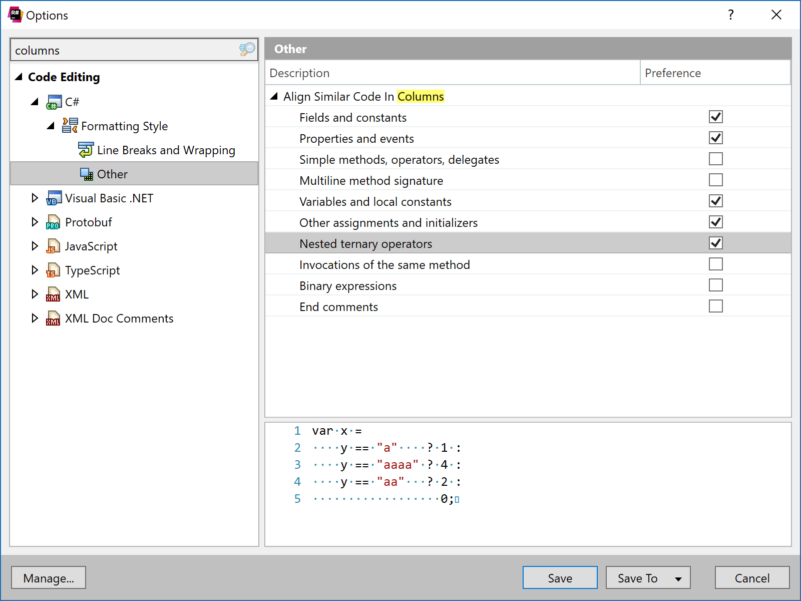 Align code in columns